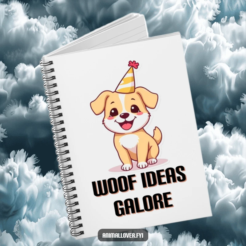 Funny happy dog notebook wearing a tiny party hat, spinning around, inspiring joyful thoughts and festive planning.