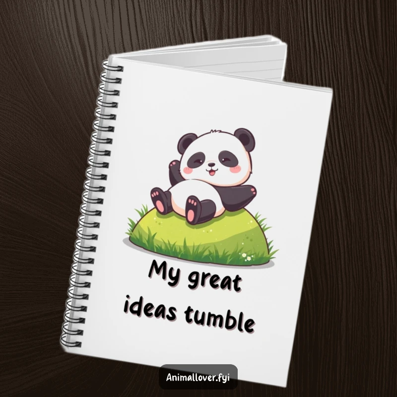 Funny notebook featuring a panda rolling energetically down a hill, ideal for jotting notes with a smile.