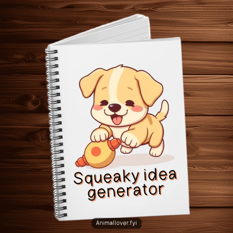 Funny notebook featuring a playful puppy with a wagging tail pouncing on a squeaky toy, perfect for writing.