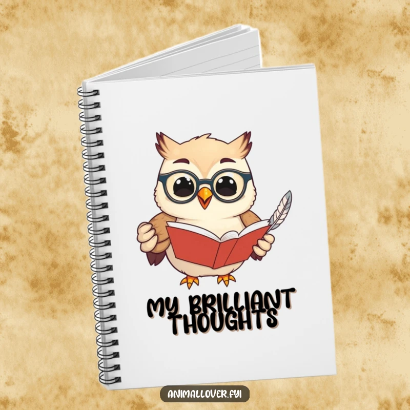 Funny notebook with a cover featuring a wise owl in spectacles, holding a book and feather, encouraging thoughtful writing and creative expression.