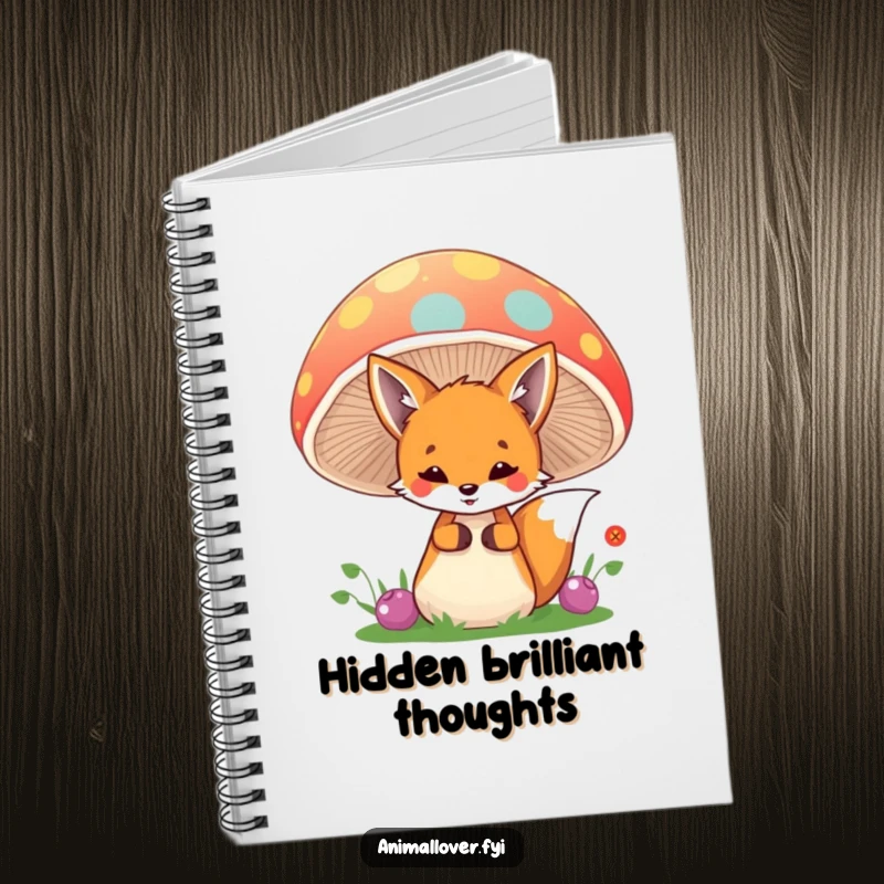 Funny fox notebook with a playful fox peeking from behind a mushroom, perfect for jotting down thoughts inspired by nature.