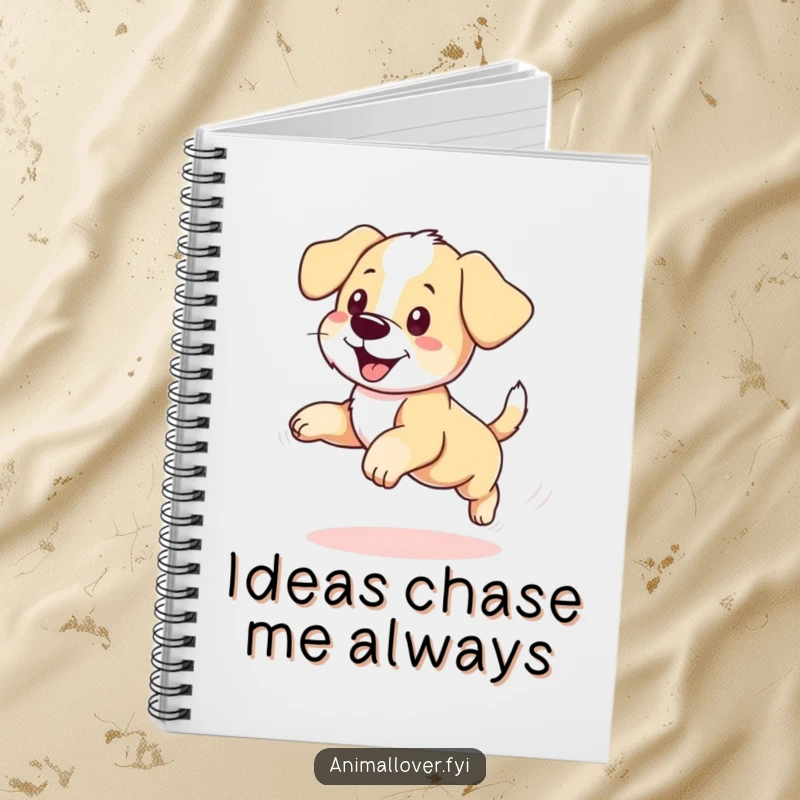 Funny puppy notebook showing a dog happily chasing its tail, ideal for jotting down notes with a humorous flair.