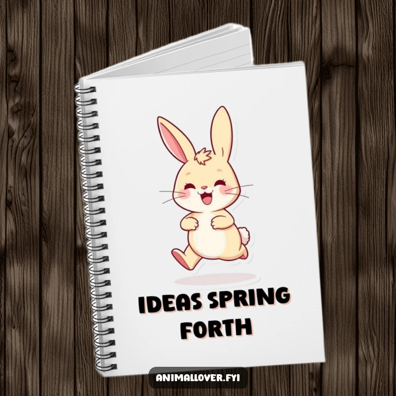 Funny playful rabbit notebook hopping excitedly with ears perked high, inspiring joyful thoughts and creative ideas.