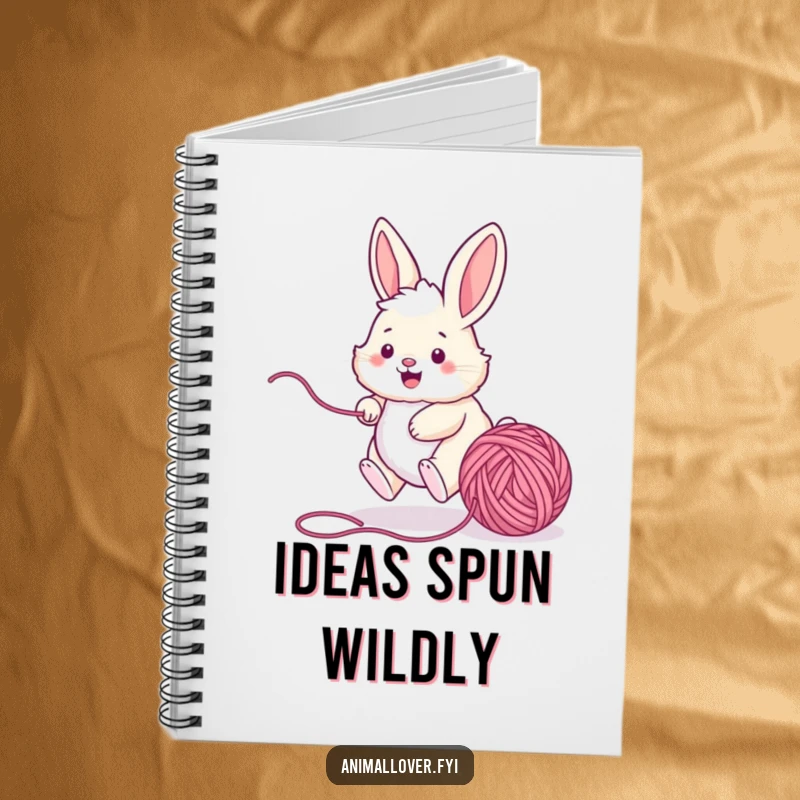 Funny bunny notebook cover with a fluffy rabbit excitedly chasing a ball of yarn, perfect for journaling or sketching with a playful touch.