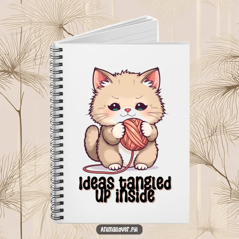 Funny notebook cover art of a fluffy cat playfully tangled in a ball of yarn, inspiring creativity and humor.
