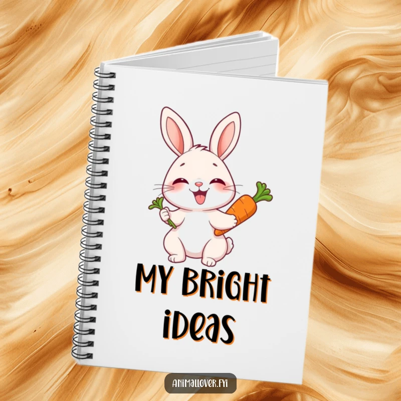 Funny notebook with a joyful rabbit giggling while holding a carrot, inspiring happiness and creativity.