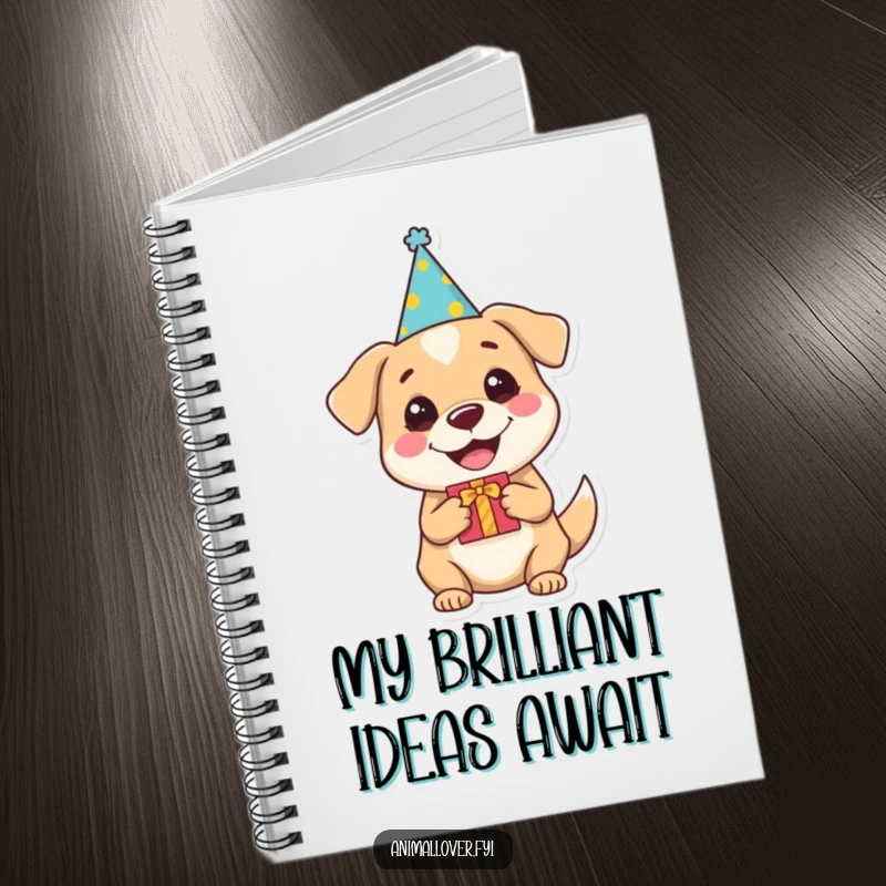 Funny dog notebook with a happy dog in a party hat holding a gift, perfect for jotting down notes with humor.