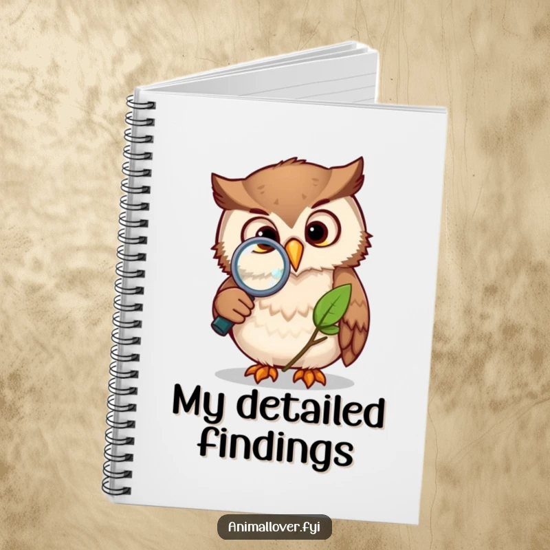 Funny owl notebook cover with a curious owl using a magnifying glass to study a leaf, ideal for journaling or note-taking.