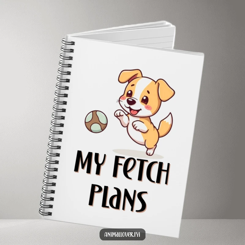 Funny notebook featuring a dog character fetching a ball, tail wagging, on the cover. Ideal for notes and dog-related thoughts.