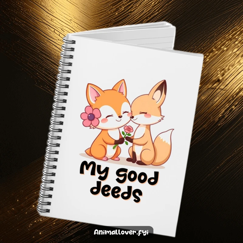 Funny notebook with a smiling fox offering a flower to another animal, inspiring kindness and creativity.