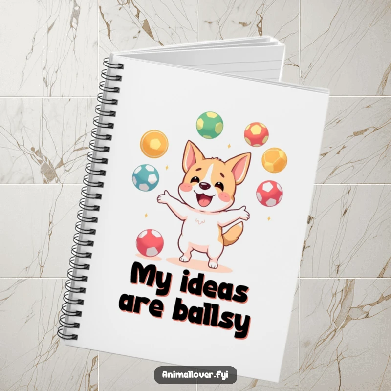 Funny notebook cover with a happy dog character energetically juggling various balls, perfect for jotting down exciting thoughts and plans.