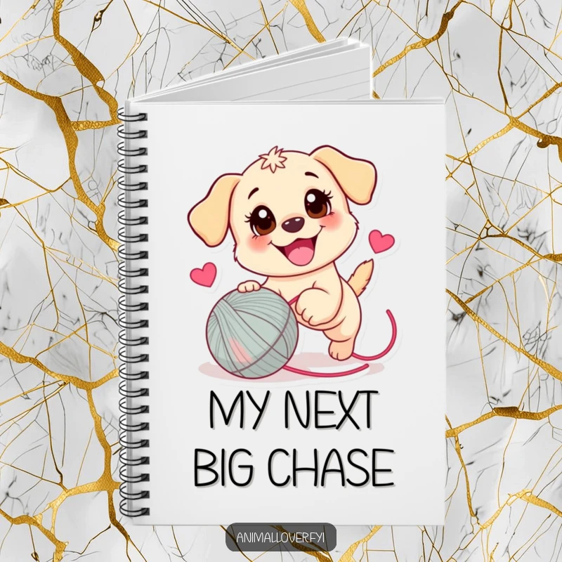 Funny Puppy Notebook: Lined pages featuring a playful puppy energetically chasing a yarn ball adorned with a heart.