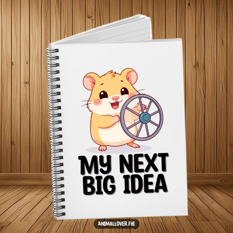 Funny notebook with a smiling hamster holding a small toy wheel, symbolizing enthusiasm and readiness for capturing clever ideas.
