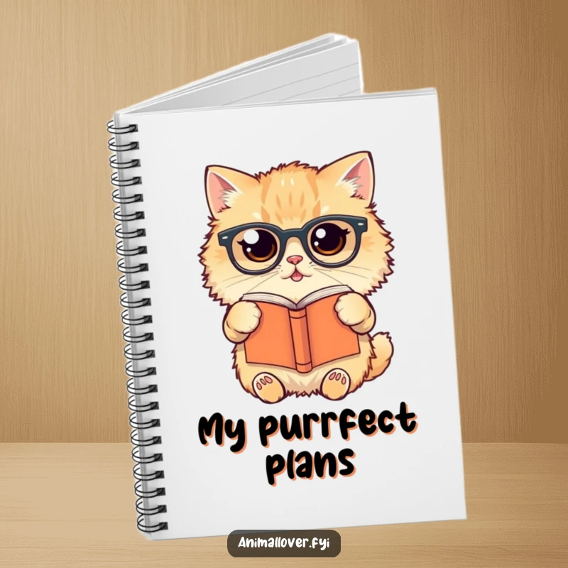 Funny Notebook cover showing a fluffy cat in glasses holding a book upside down, inspiring quirky note-taking.