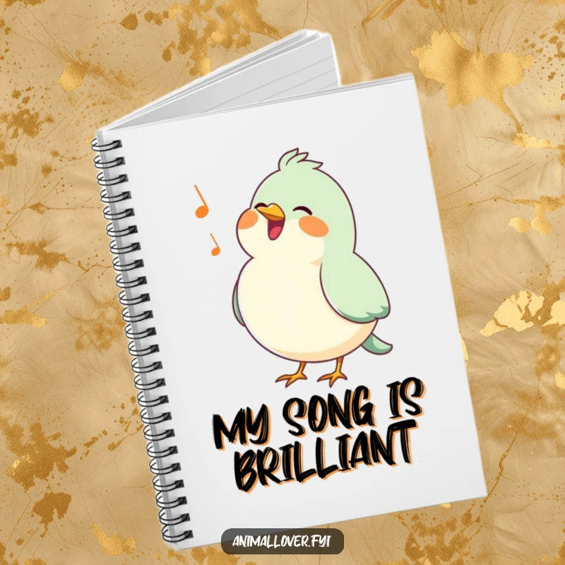 Funny bird notebook with a happy, puffed-chested bird singing a cheerful tune, perfect for journaling happy thoughts.