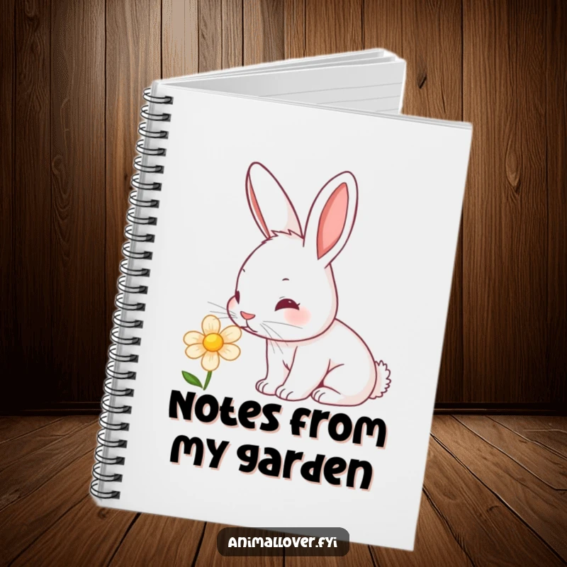 Funny rabbit notebook with a curious bunny sniffing a flower, its nose twitching, ideal for journaling nature-inspired thoughts.