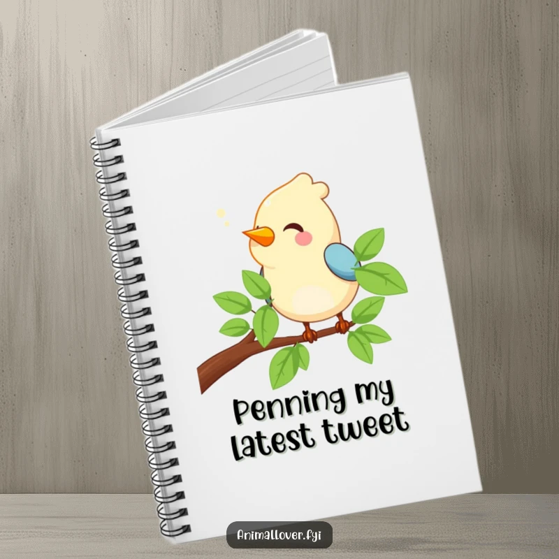 Funny Bird Notebook featuring a happy bird chirping on a branch, ideal for jotting down creative thoughts and ideas.