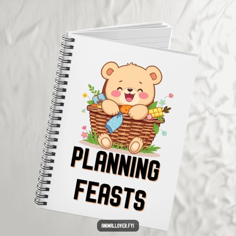 Funny notebook featuring a joyful bear cub hugging an overflowing picnic basket, perfect for writing.