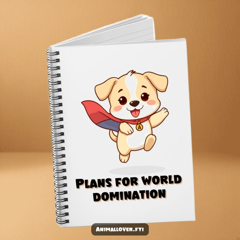 Funny notebook cover of a brave puppy wearing a superhero cape, mid-jump, ready for heroic deeds.