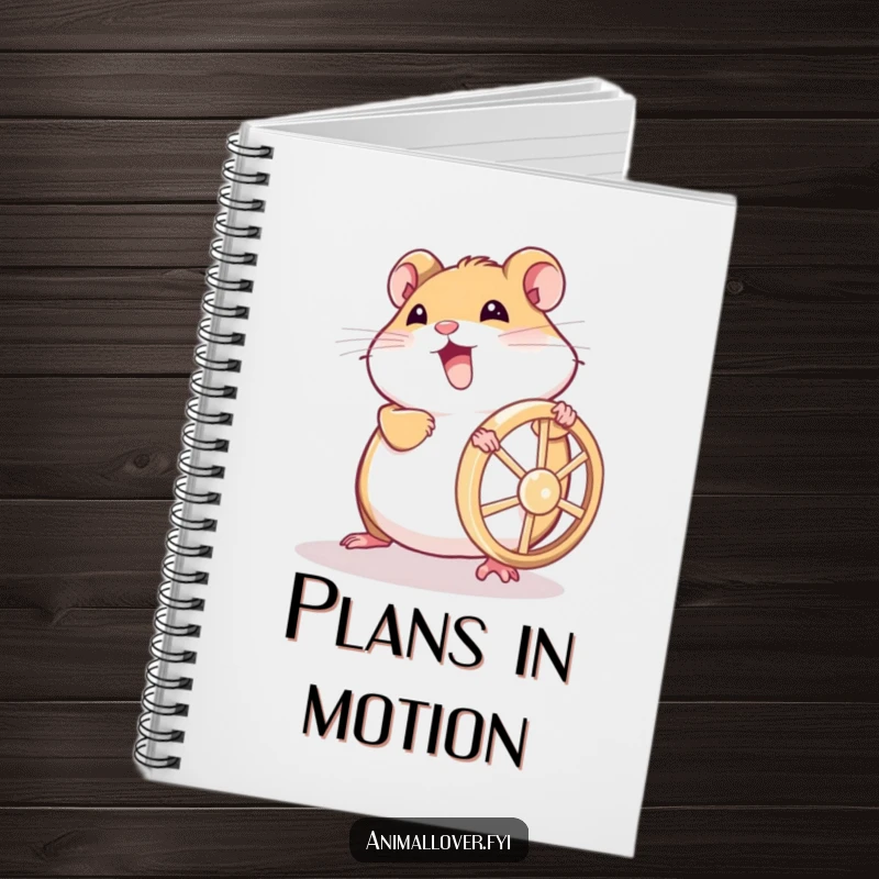 Funny hamster notebook showing a determined rodent pushing its wheel, perfect for jotting down goals with a humorous, energetic theme.