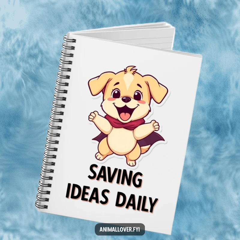 Funny puppy superhero writing in a notebook, ready to save the day, a funny and functional gift.