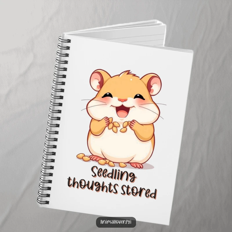 Funny joyful hamster notebook stuffing its cheeks with tiny seeds, inspiring joyful thoughts and creative note-taking.