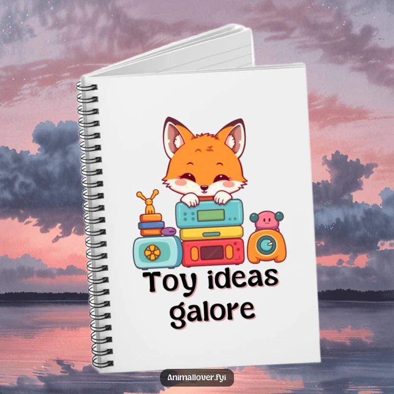 Funny notebook with a cute fox peeking from behind a stack of colorful toys, ideal for writing notes and creative thoughts.