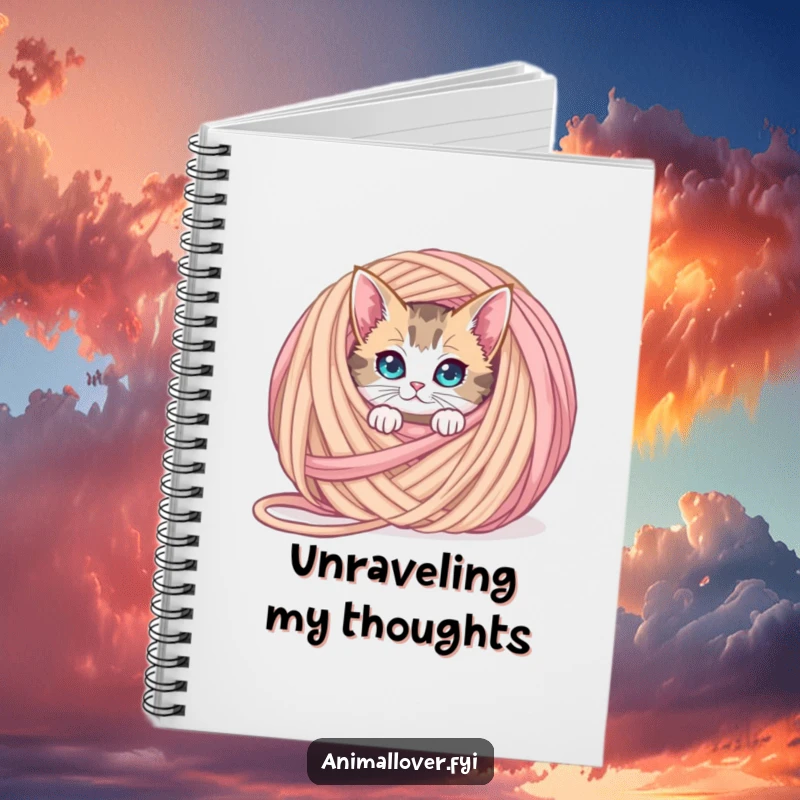 Funny curious cat notebook peeking from behind an oversized ball of yarn, inspiring playful thoughts and creative writing.
