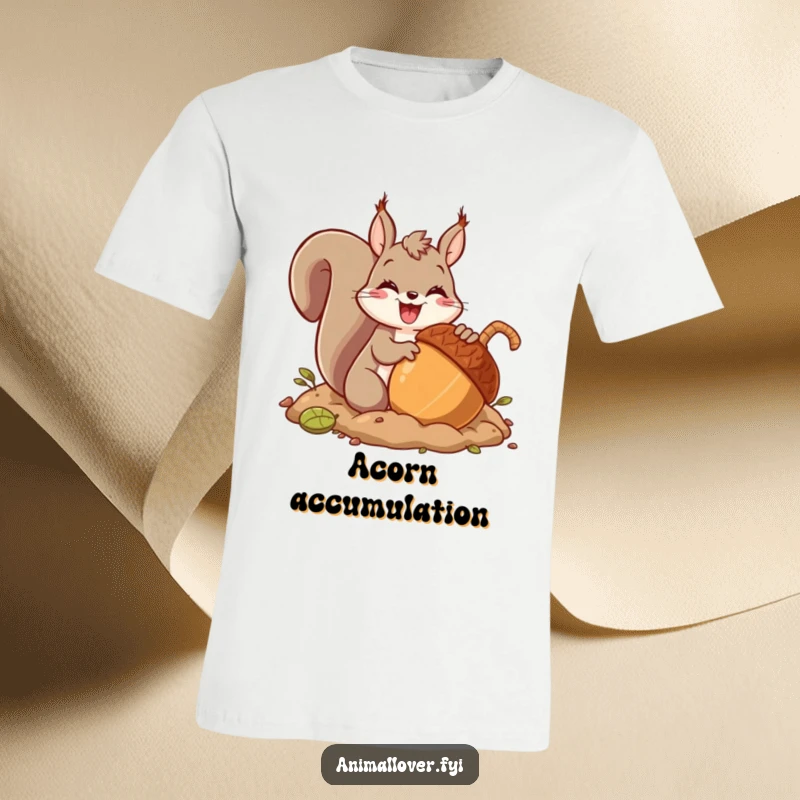 Funny t-shirt with a gleeful squirrel character enthusiastically burying an enormous acorn, highlighting its prized possession and playful nature.