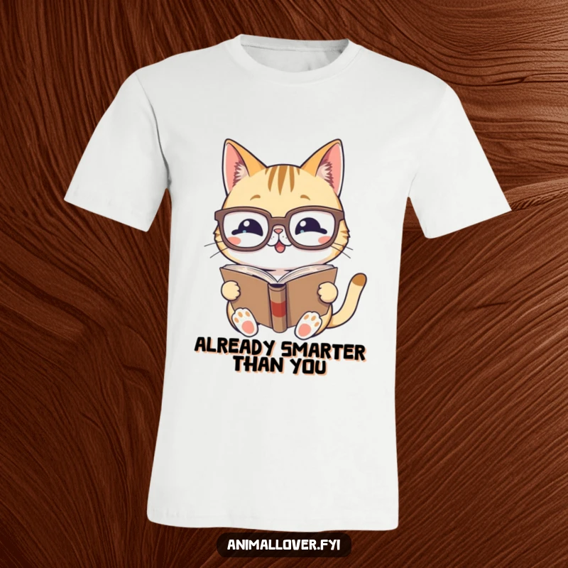 Funny cat wearing oversized glasses, engrossed in reading a book; a humorous t-shirt for book lovers and cat fans.
