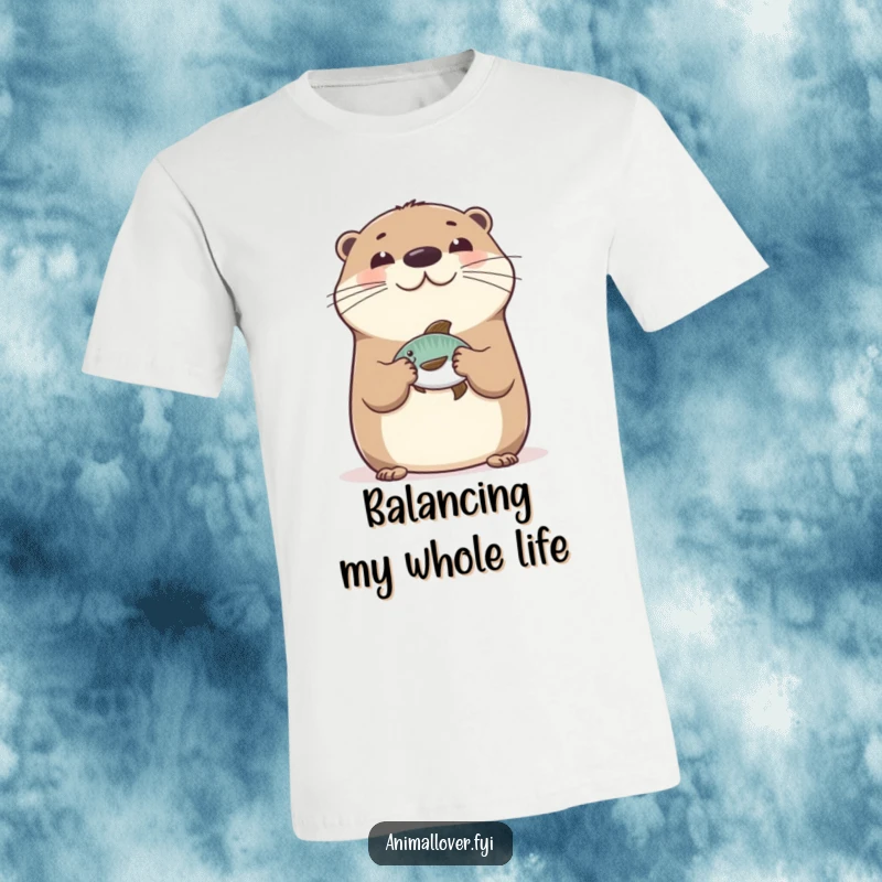 Funny Happy Otter T-Shirt showing a smiling otter balancing a fish on its nose, perfect for water lovers with a sense of humor.