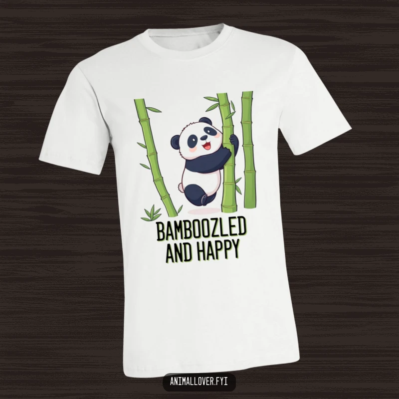 Funny T-Shirt depicting a playful panda attempting to hug a massive bamboo stalk, embodying pure determination and cuteness.