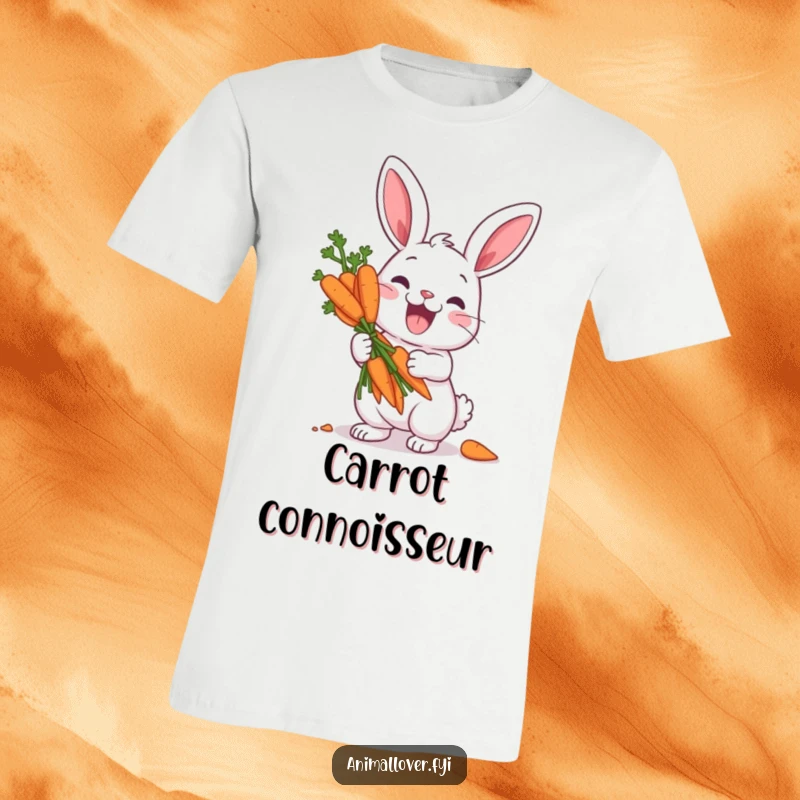 Funny t-shirt with a joyful rabbit character clutching a large bunch of carrots as if they were valuable treasure, celebrating abundance.