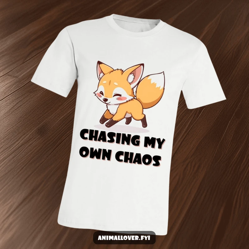 Funny mischievous fox cub playfully chasing its own tail on a t-shirt, depicting energetic fun and lightheartedness.