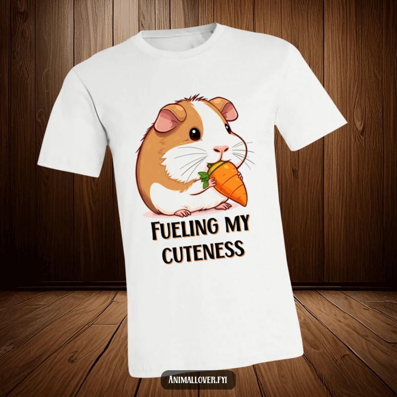 Funny contented guinea pig nibbling a miniature carrot on a t-shirt, depicting pure joy and adorable munching.