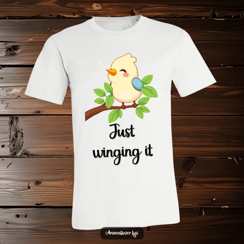 Funny Bird T-Shirt featuring a contented bird happily chirping its heart out while resting on a leafy branch.