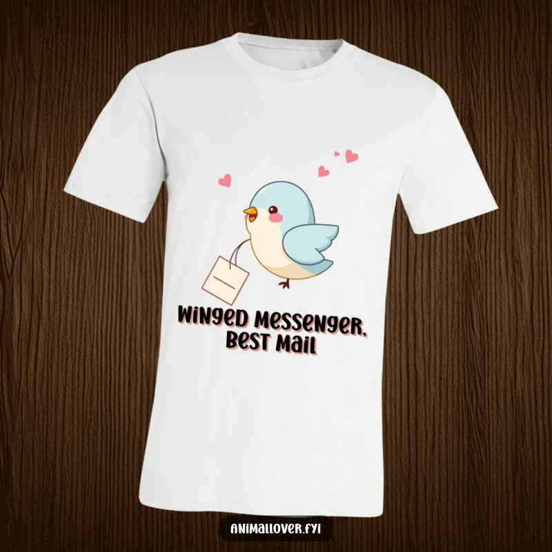 Funny bird t-shirt depicting a flying bird dropping a small, handwritten note, conveying a message of love and care.