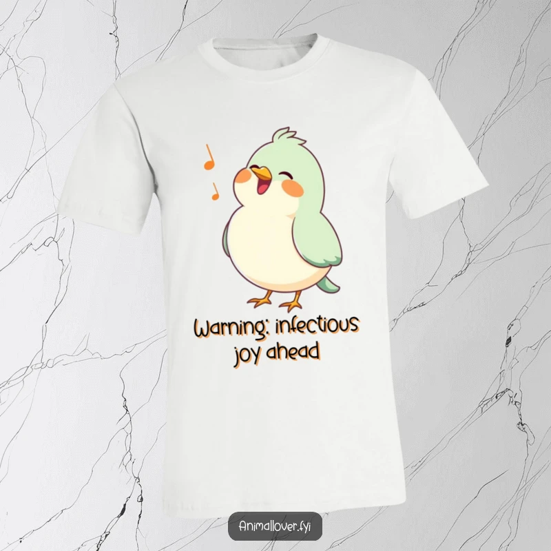 Funny bird t-shirt, a happy bird with a puffed chest sings a cheerful tune, radiating infectious joy and energy.