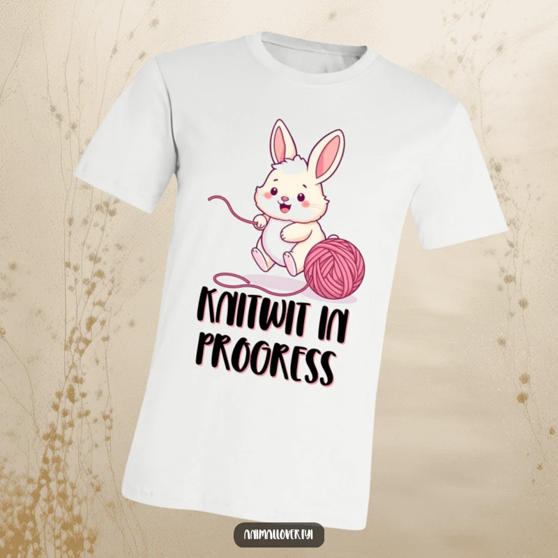 Funny bunny t-shirt featuring an energetic rabbit enthusiastically chasing a ball of yarn, embodying pure, unadulterated fun and movement.