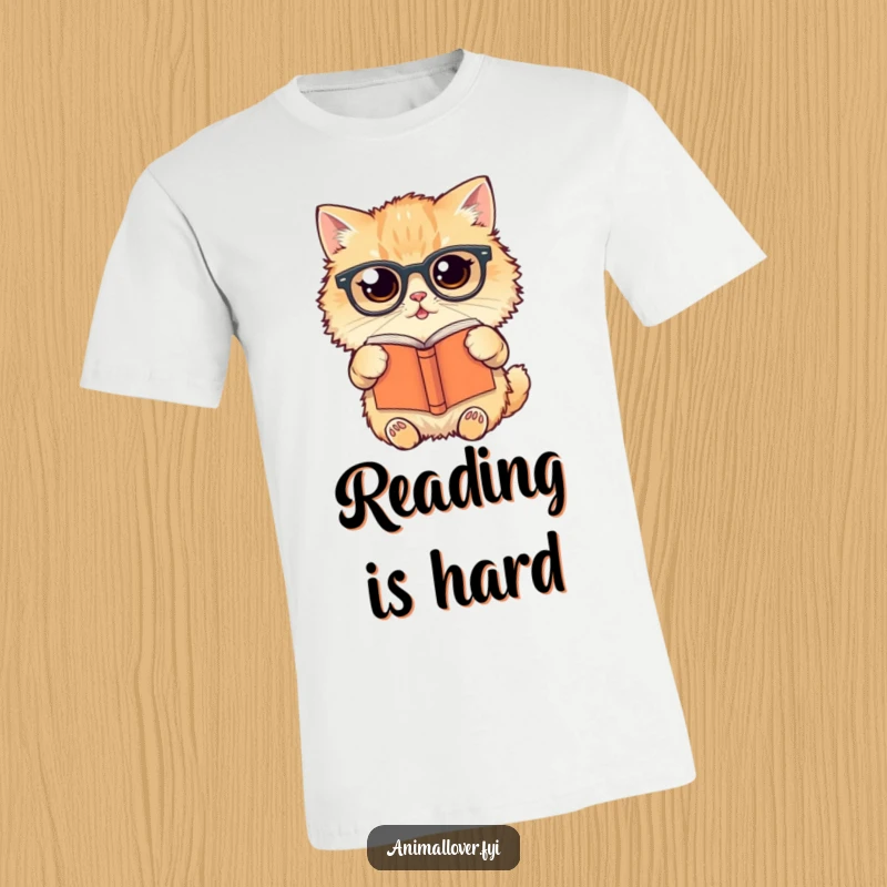 Funny T-Shirt print of a fluffy cat wearing reading glasses, holding a book upside down with a comical look.