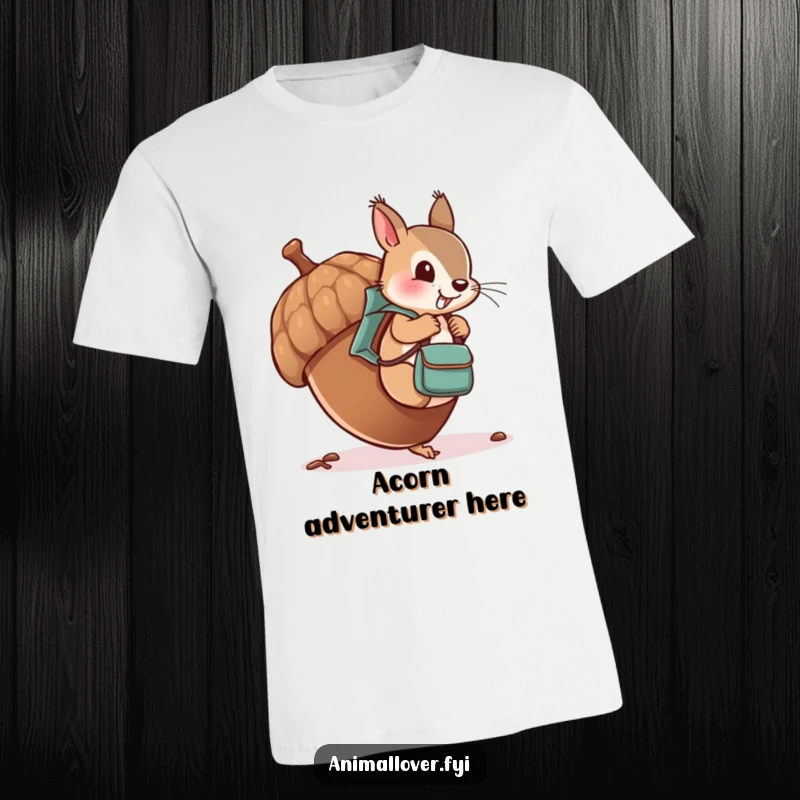 Funny t-shirt featuring a cheeky squirrel wearing a tiny backpack, climbing an oversized acorn with a determined look.