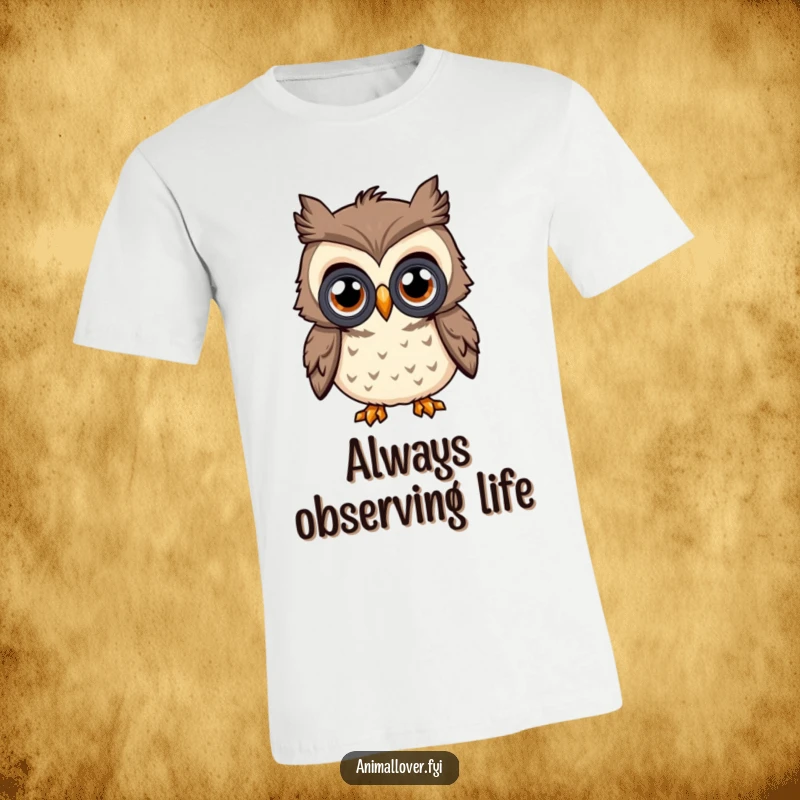 Funny Curious Owl T-Shirt showing an owl with large eyes using binoculars, perfect for expressing curiosity and a love for nature.