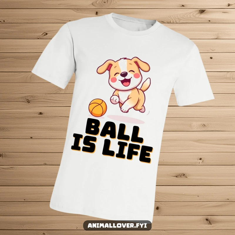 Funny T-Shirt design of a happy dog with a wagging tail in full pursuit of a bouncing ball, showcasing pure excitement.