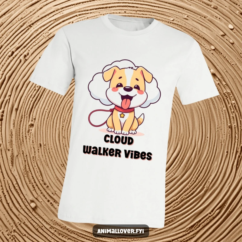 Funny Dog T-Shirt: A comical design of a happy, panting dog holding a leash that is attached to a friendly, floating cloud.