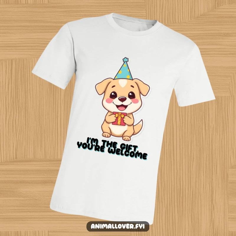 Funny dog t-shirt featuring a happy dog in a party hat holding a present, perfect for festive occasions and dog lovers.