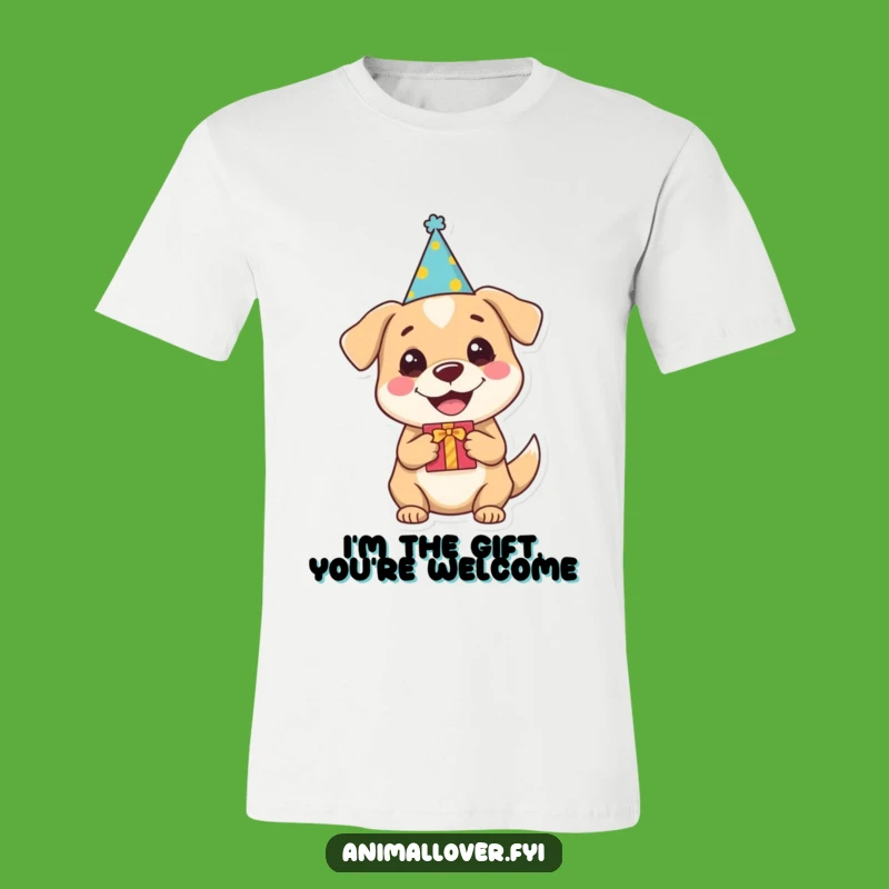 Funny Dog Party T-Shirt: Cheerful Pup in Hat with Gift, Hilarious Outfit