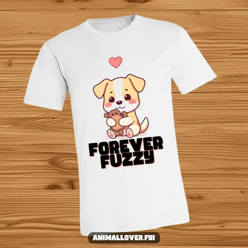 Funny dog t-shirt showing a joyful dog hugging a toy, heart symbol above its head, expressing pure affection and humor.