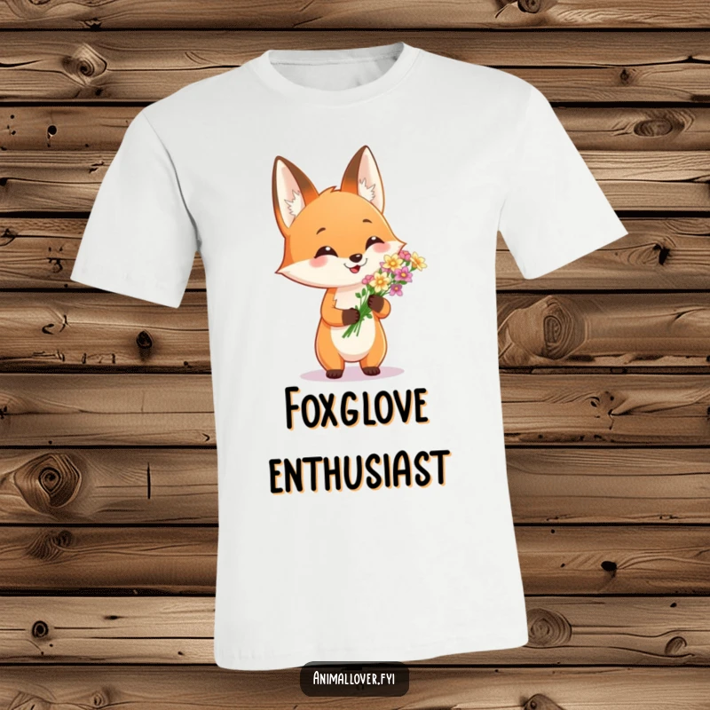 Funny t-shirt displaying a proud fox holding a bouquet of tiny flowers, symbolizing nature's beauty. A lovely gift idea.
