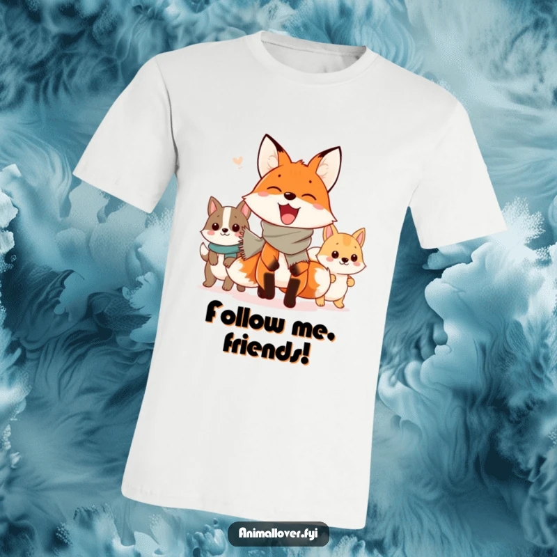 Funny T-Shirt: A scarf-clad fox enthusiastically leads a charming parade of various happy animals in this delightful design.