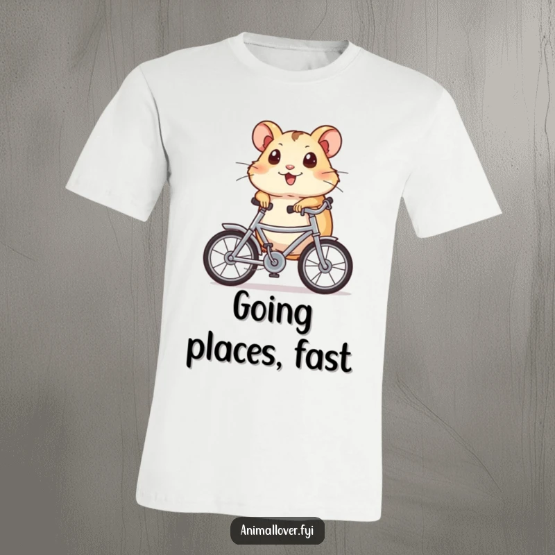 Funny T-Shirt featuring a happy hamster with wide, excited eyes, confidently riding a tiny bicycle, embodying boundless energy.
